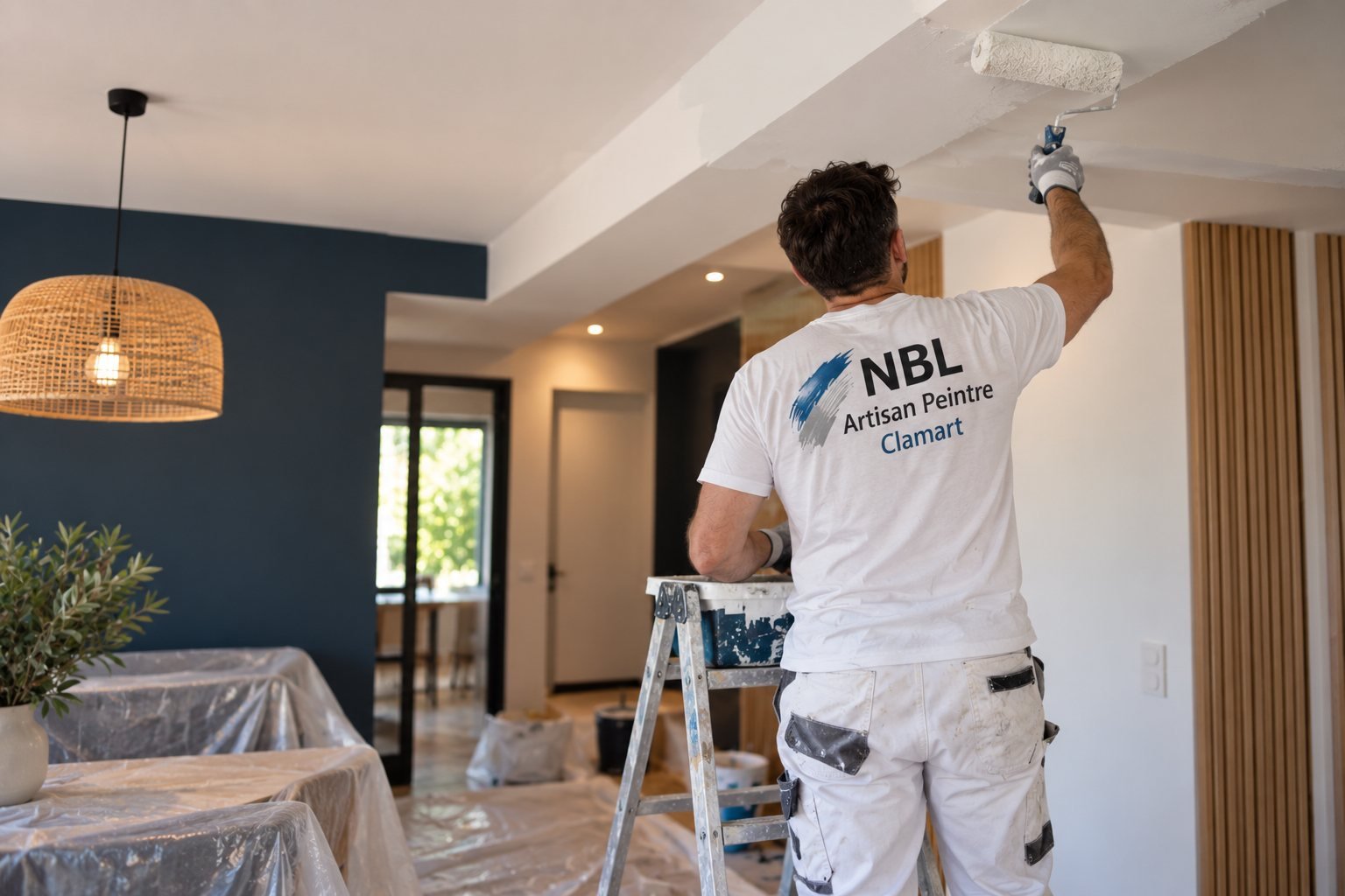 Peintre de NBL Artisan Peintre Clamart sur un escabeau repeignant un plafond en blanc, meubles protégés sous des bâches